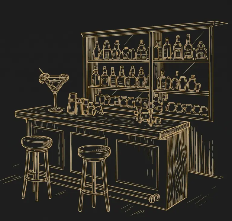 Dessin d’un comptoir de bar avec arrière-bar et tabourets