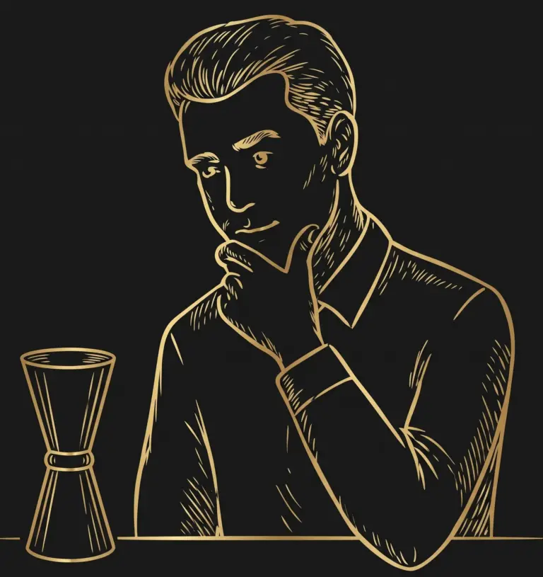 Dessin d’un barman pensif à côté d’un doseur à cocktail