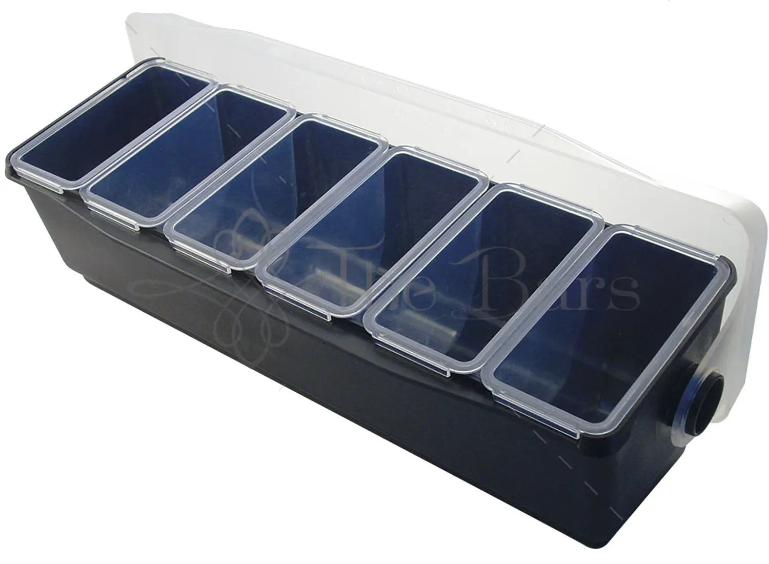 Boîte à condiments noire 6 bacs, 49 cm, avec couvercle