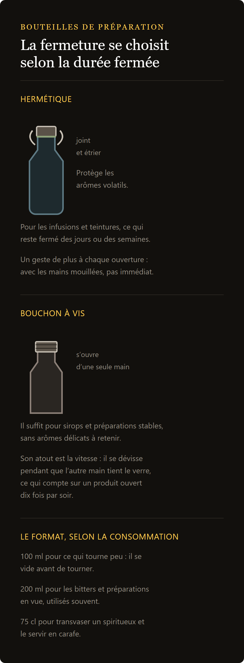 carafe à whisky Opera : fermeture hermétique et bouchon fileté comparés, et les trois formats