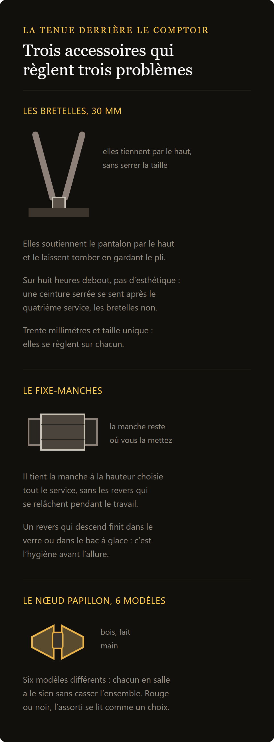 serre-manches noirs : bretelles, serre-manches et nœud papillon en bois, et l'accord de couleur