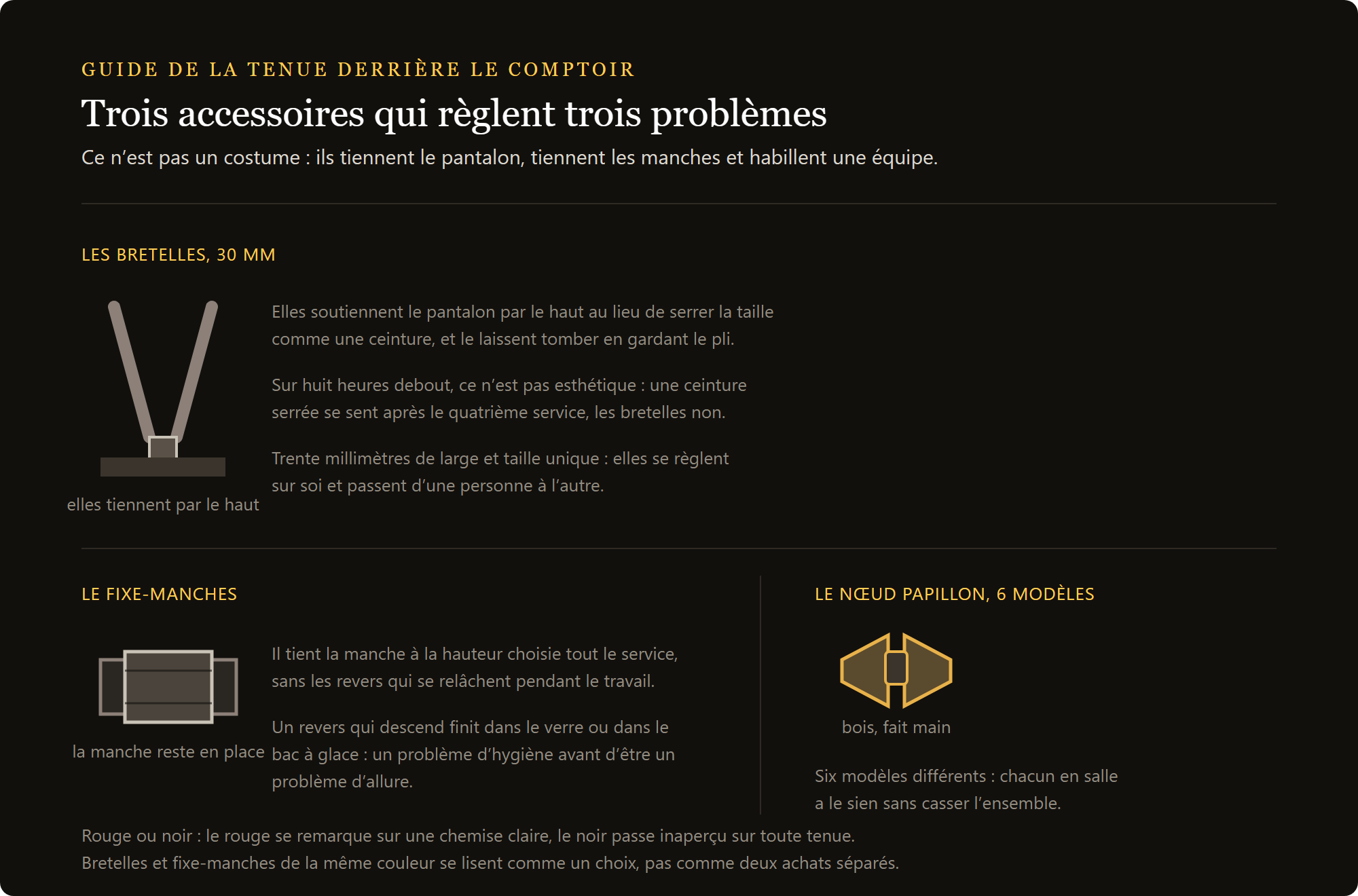 serre-manches noirs : bretelles, serre-manches et nœud papillon en bois, et l'accord de couleur