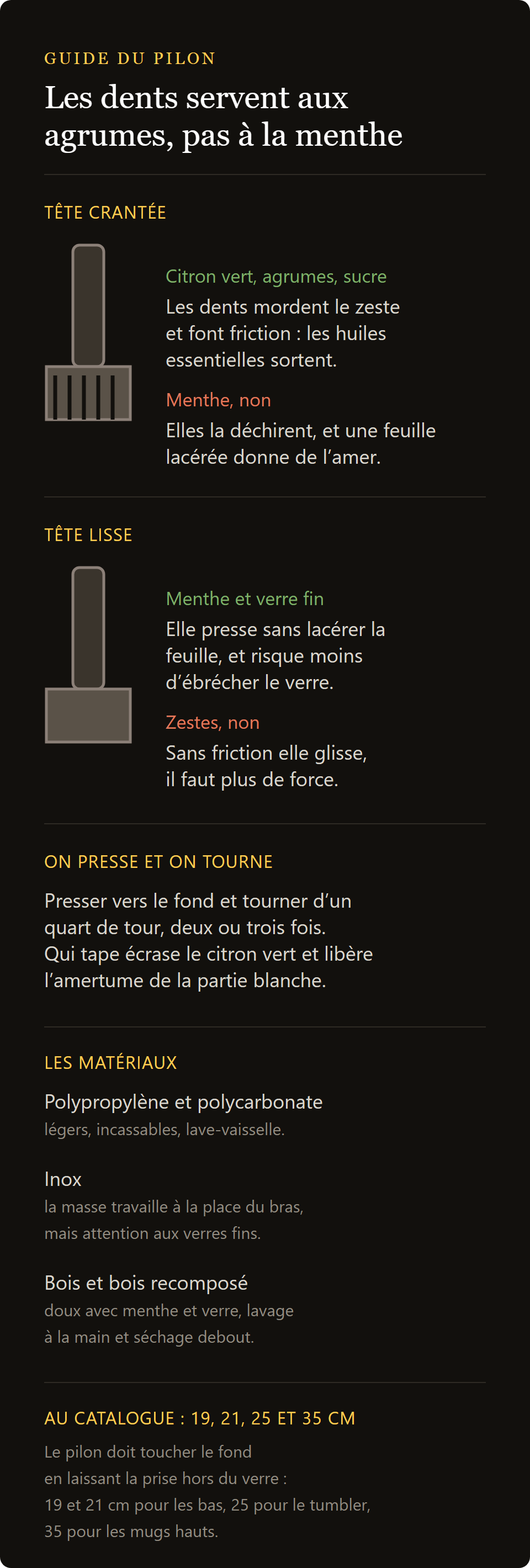 pilon à cocktail 21 cm : tête dentée contre tête lisse, et les matériaux comparés