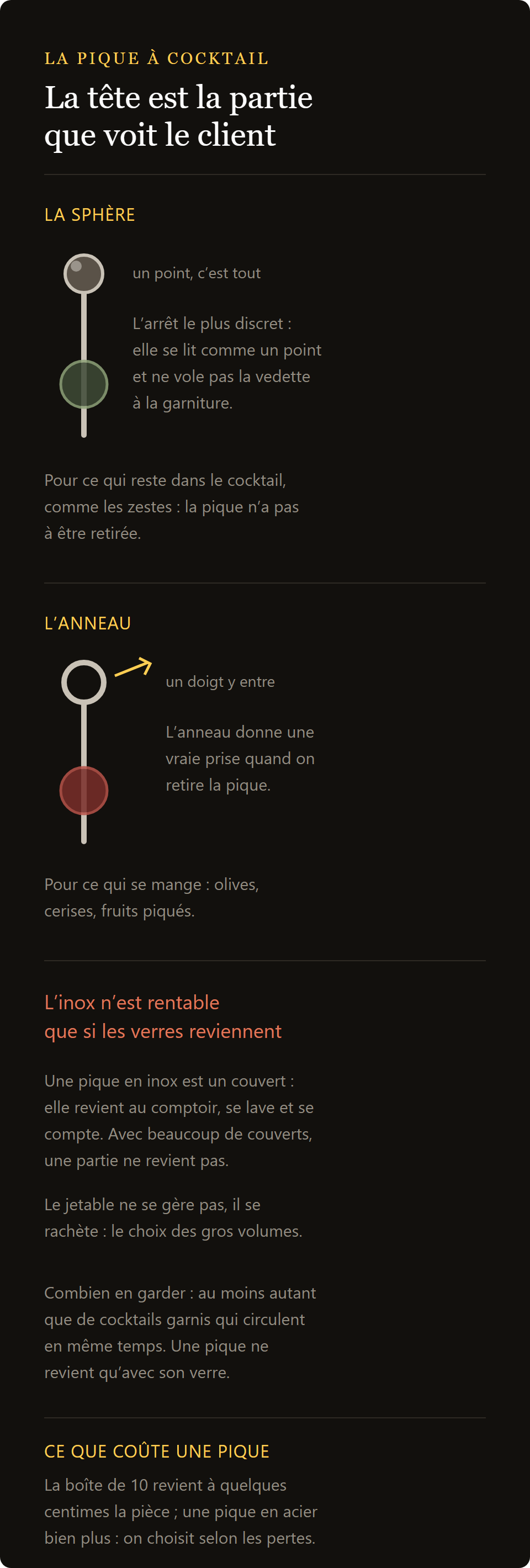 pique à cocktail en inox : la tête boule et la tête anneau, et le calcul entre acier et jetable