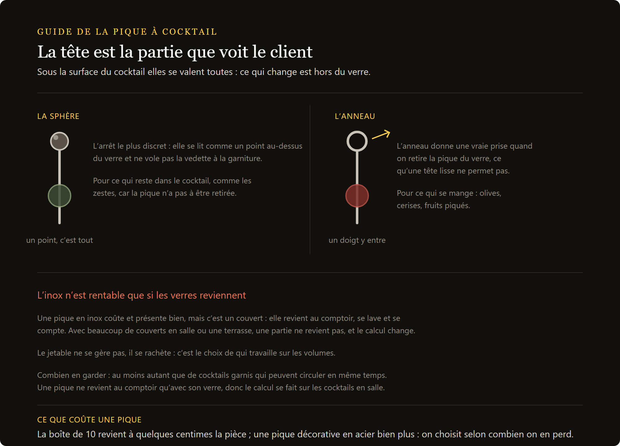 pique à cocktail en inox : la tête boule et la tête anneau, et le calcul entre acier et jetable