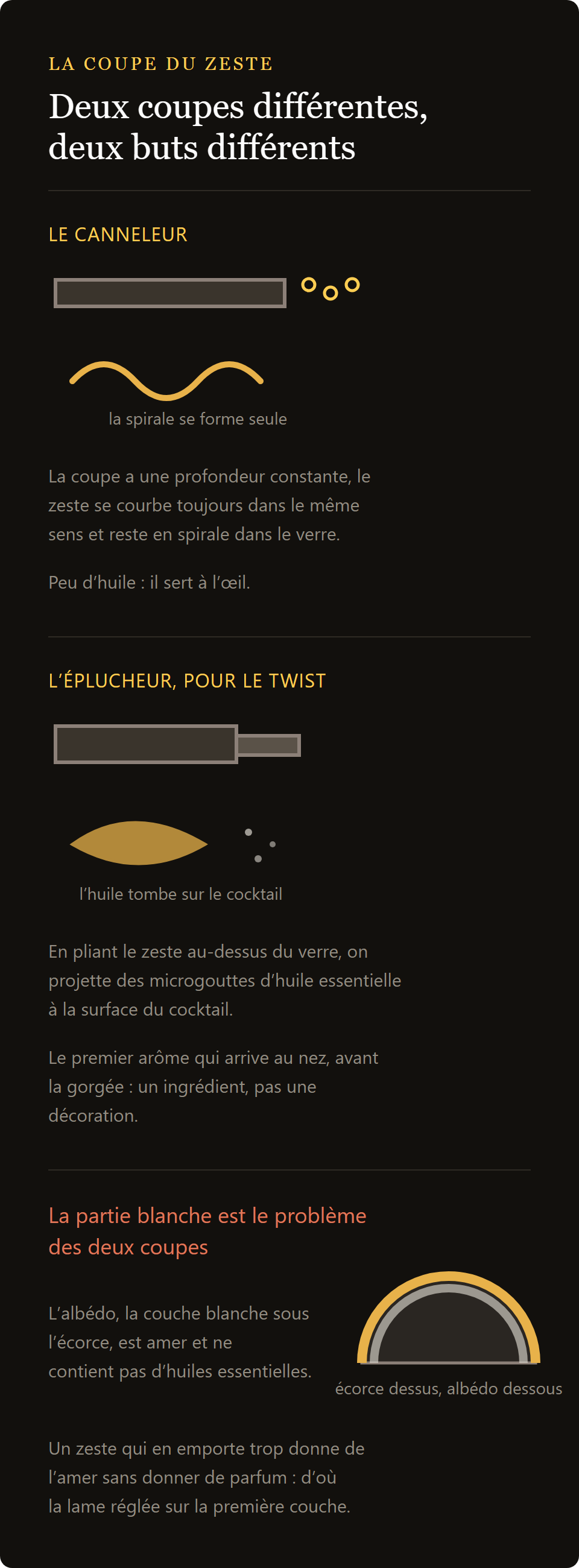 canneleur-zesteur combiné : le filet du canneleur, le zeste large de l'économe et l'albédo à éviter
