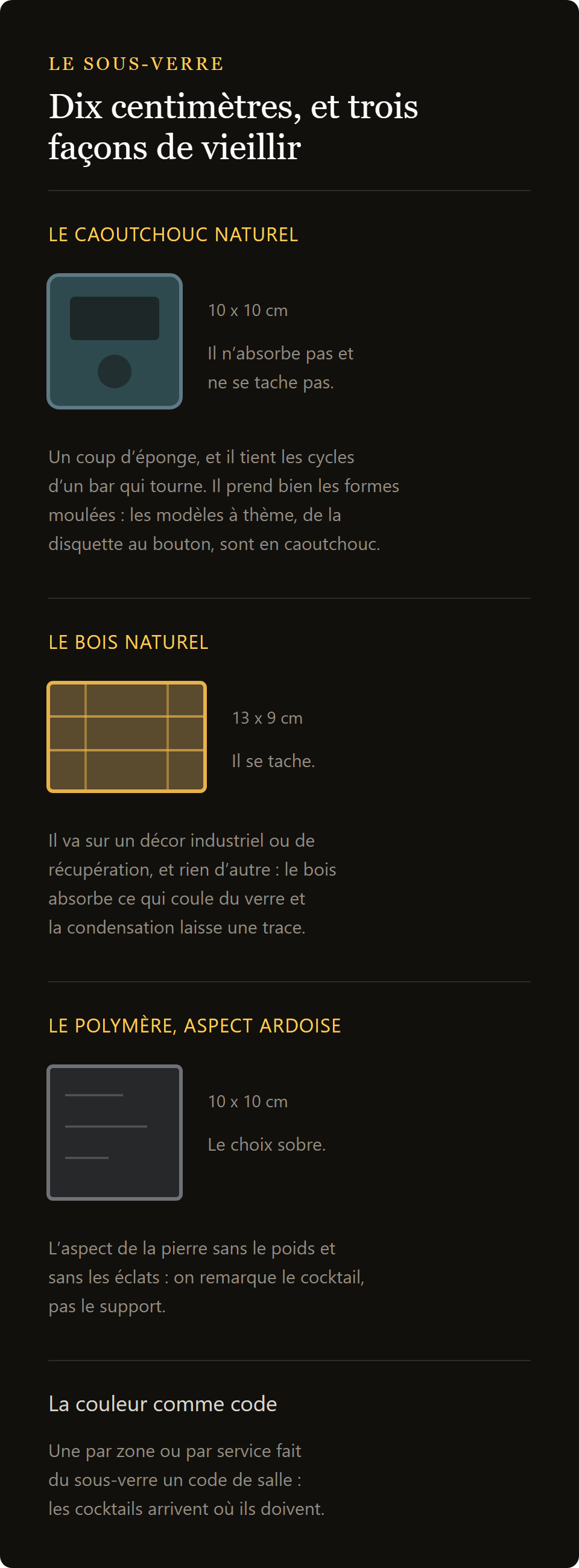 sous-verre palette en bois : caoutchouc naturel, bois et polymère ardoise comparés sur dix centimètres