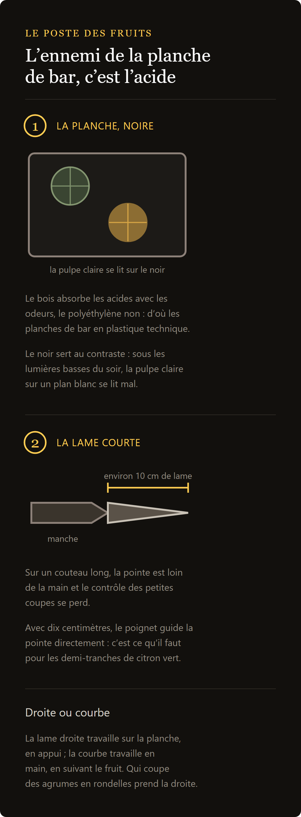 couteau d'office : la planche à découper en polyéthylène noir et la lame courte du couteau d'office