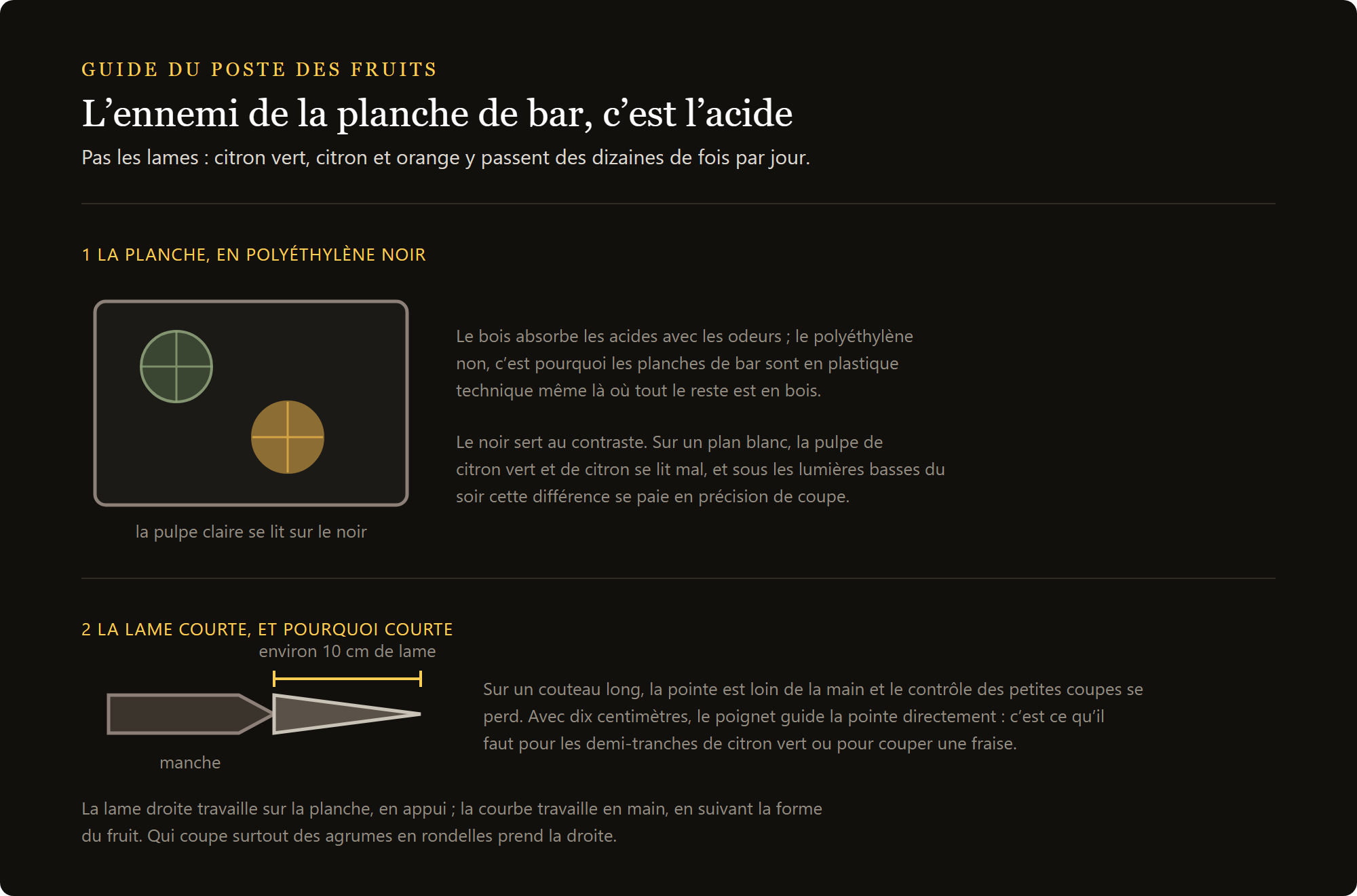 couteau d'office : la planche à découper en polyéthylène noir et la lame courte du couteau d'office