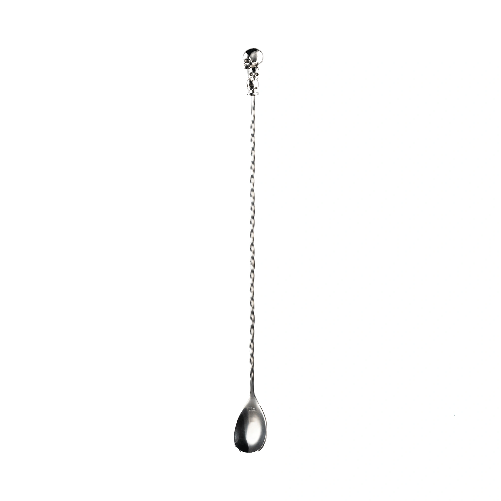 cuillère à cocktail The Bars avec trois têtes de mort coulées en haut de la tige torsadée