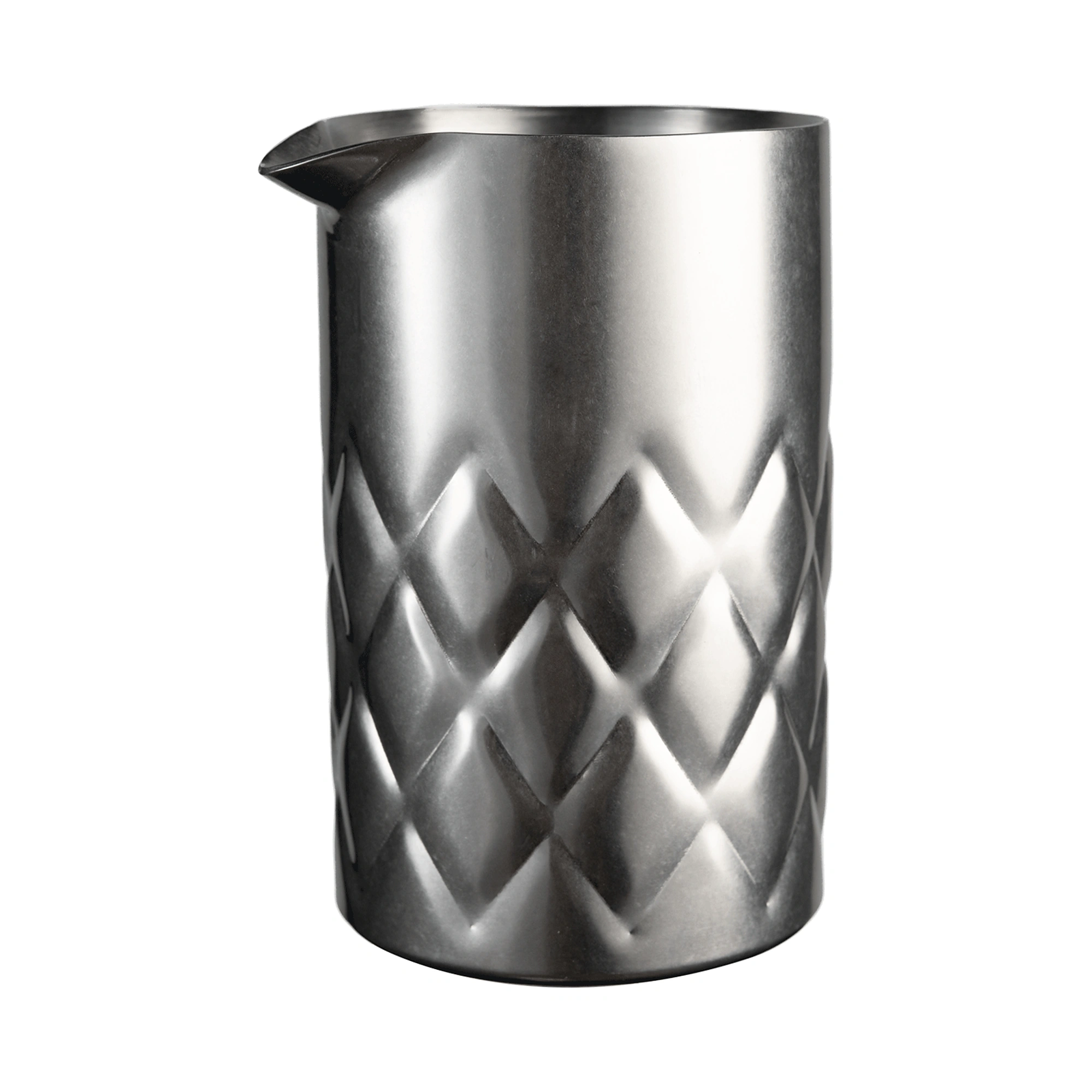 verre à mélange Iron de The Bars en inox satiné double paroi, taillé en losanges, avec bec verseur