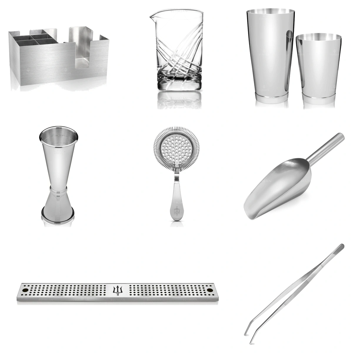 kit barman Lumian : organiseur de bar, verre à mélange, shaker Boston, doseur, passoire, pelle à glace, tapis de bar et pince à garniture