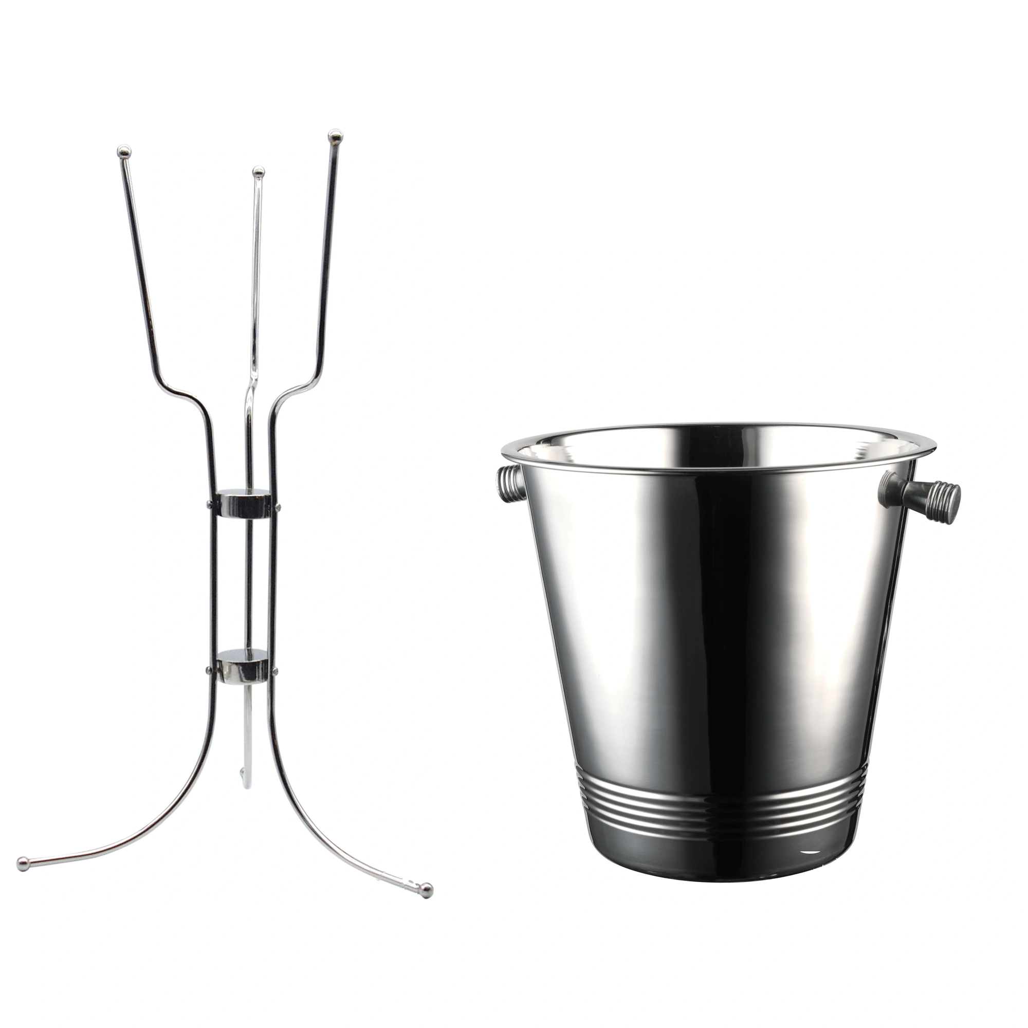 seau à glace sur pied : les deux pièces du kit The Bars, le pied tubulaire et le seau Classic Line en inox poli