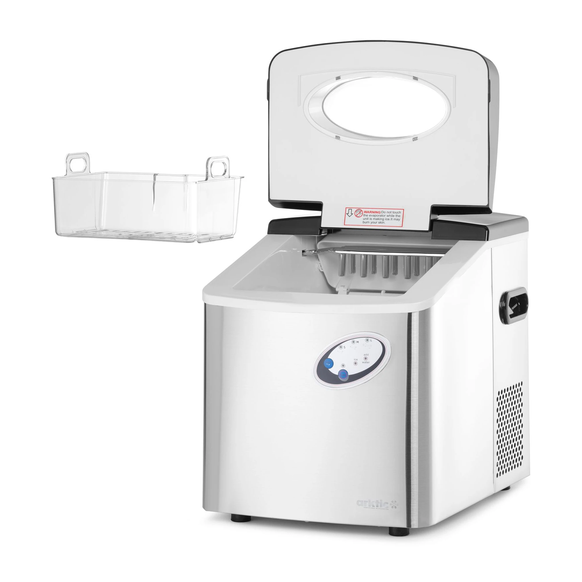 machine à glaçons professionnelle : le couvercle ouvert avec le panier amovible et les barres de refroidissement où se forment les glaçons