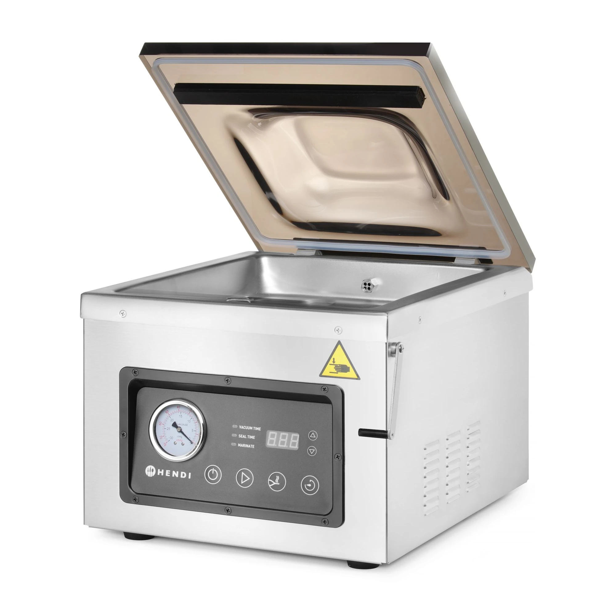 machine sous vide à cloche : la cloche ouverte avec la chambre en aluminium, la barre de soudure et le manomètre en façade