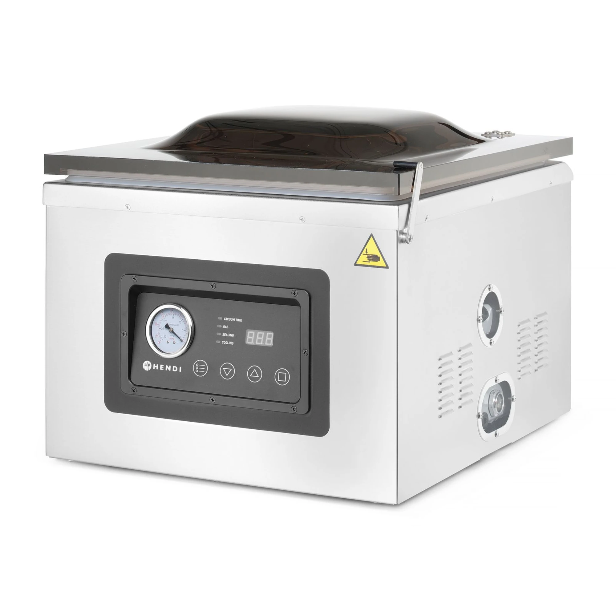 machine sous vide professionnelle à cloche : la cloche ouverte avec la chambre en acier, la pince pour le sachet et le couvercle en dôme