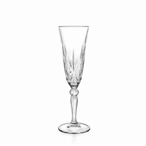 flûte à champagne Melodia 16 cl de RCR en verre cristallin, taille à feuilles et rayons et nœud sur la tige