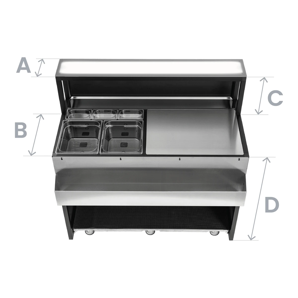 comptoir de bar portable, roulettes escamotables avec frein