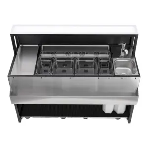 comptoir de bar portable en inox et aluminium, poste de barman avec speed rack et bacs à glace