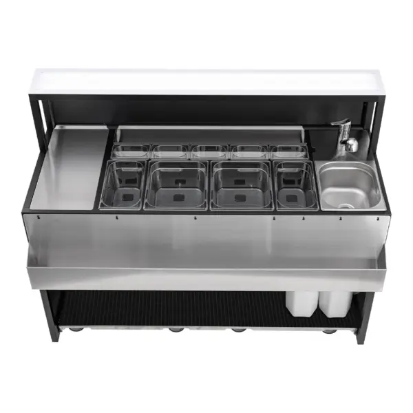 comptoir de bar portable en inox et aluminium, poste de barman avec speed rack et bacs à glace