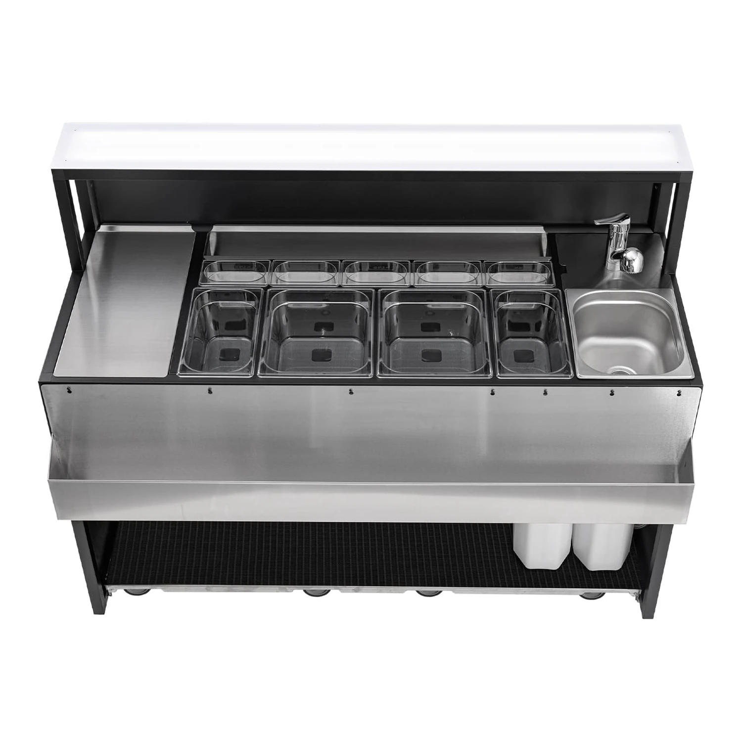 comptoir de bar portable en inox et aluminium, poste de barman avec speed rack et bacs à glace