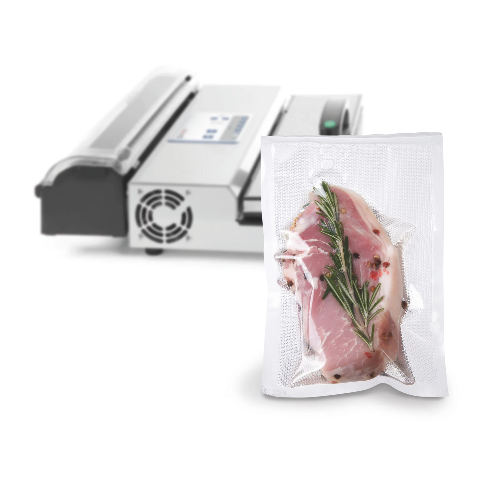 rouleau sous vide 20 cm : le rouleau monté dans la machine à soudure, avec le sachet qui sort déjà coupé à la bonne longueur