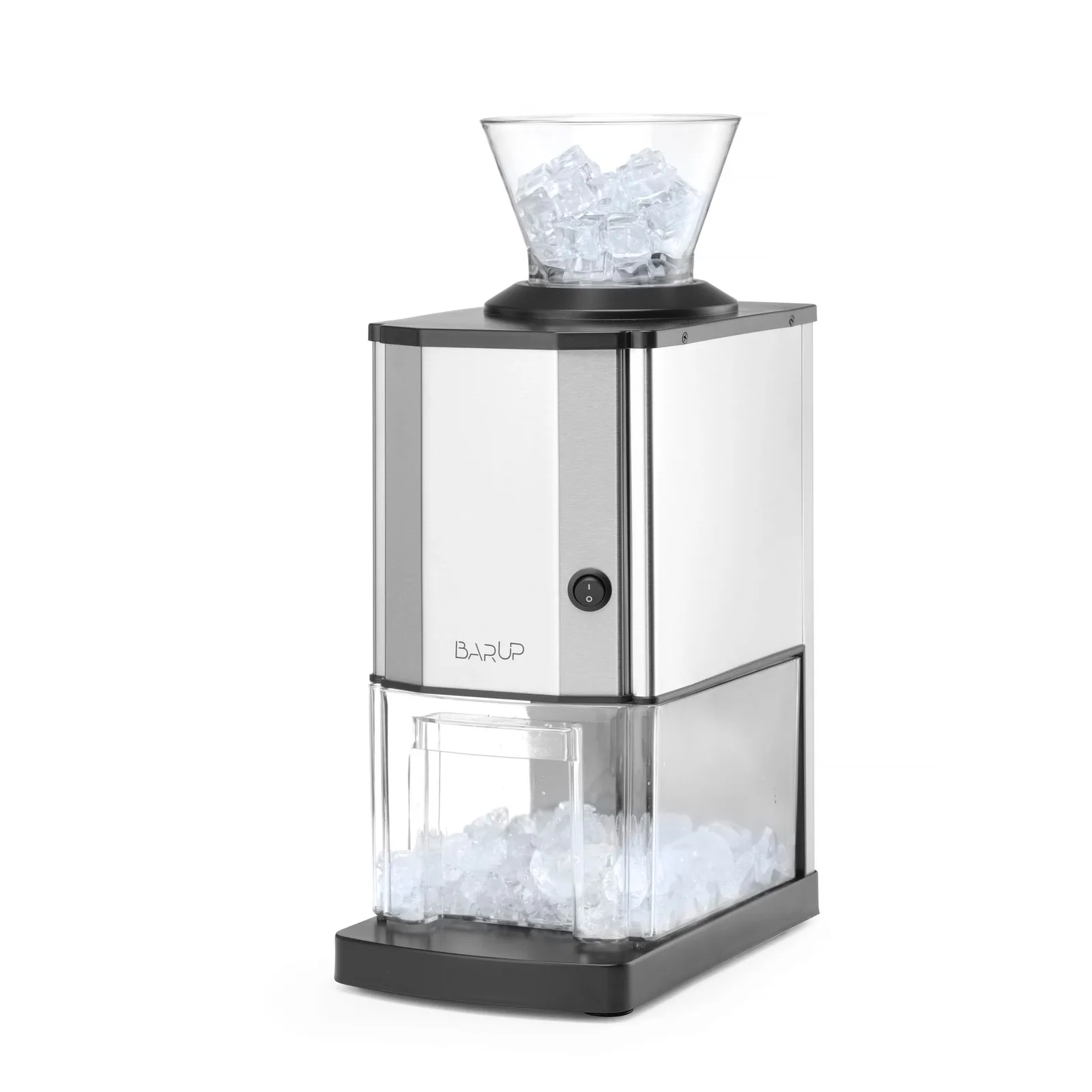broyeur à glace électrique 12 kg/h, corps en inox brossé et bac transparent de 2,7 l
