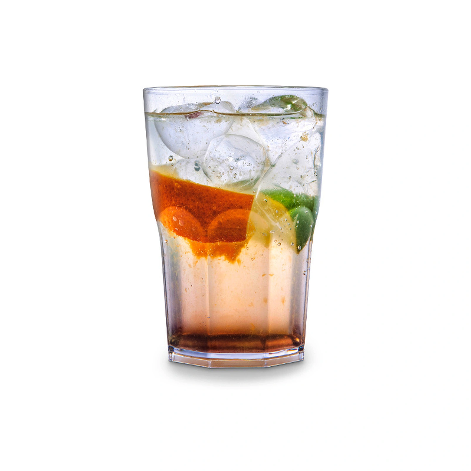 verre incassable Granity Clear 40 cl servi avec un long drink : glaçons, rondelles d'orange et citron vert