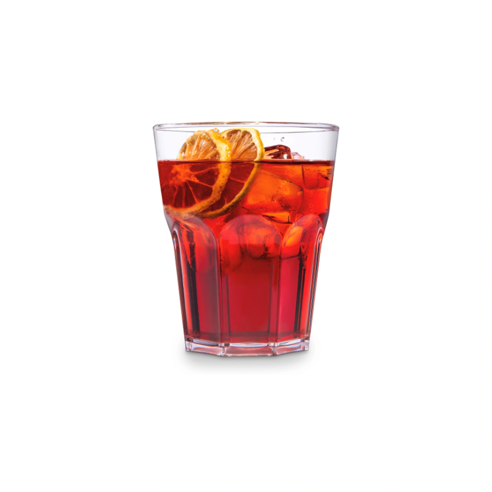verre incassable Granity Clear 29 cl servi avec un cocktail rouge, glaçons et rondelles d'orange séchée
