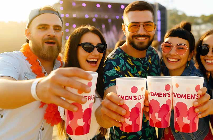 gobelet personnalisé dans un festival : des jeunes trinquent avec les gobelets coniques imprimés