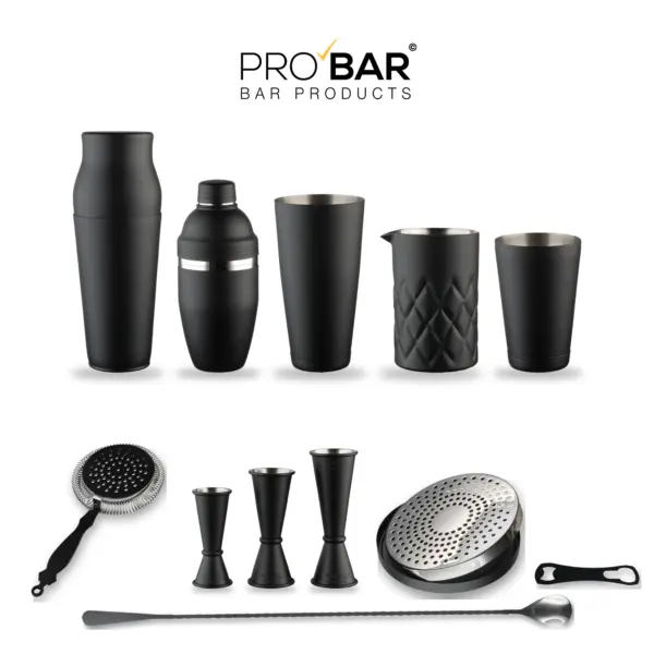 kit cocktail noir mat The Bars : les 12 pièces sur le plan de travail