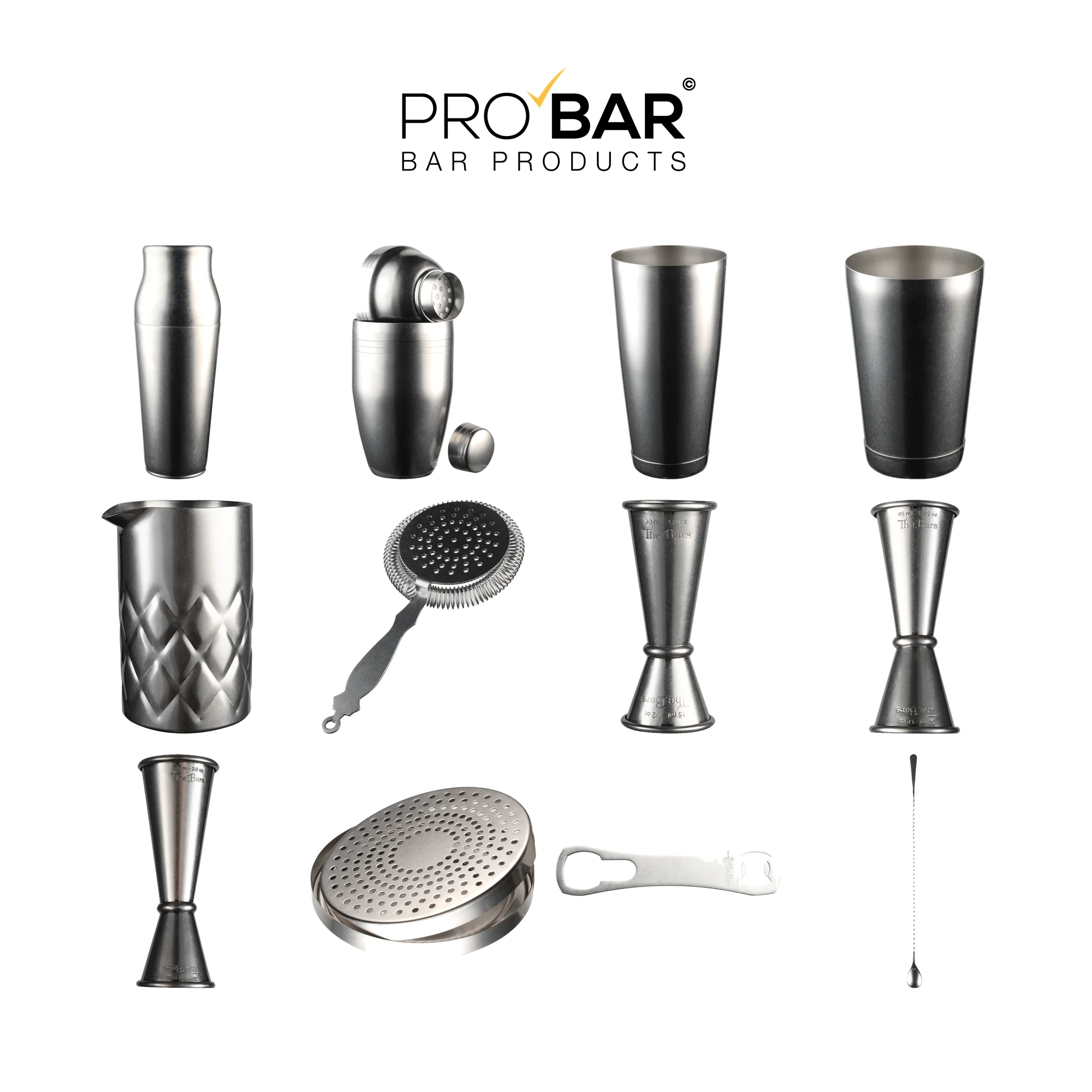 set cocktail Vintage The Bars : shakers, mixing tin, jiggers et cuillère à cocktail en grille