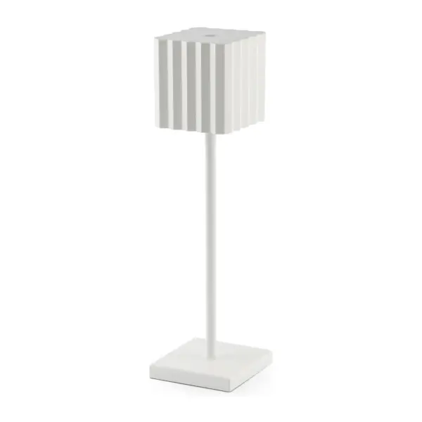 lampe de table sans fil Cupcake à base carrée, en aluminium peint blanc, 36 cm de haut, diffuseur en polycarbonate