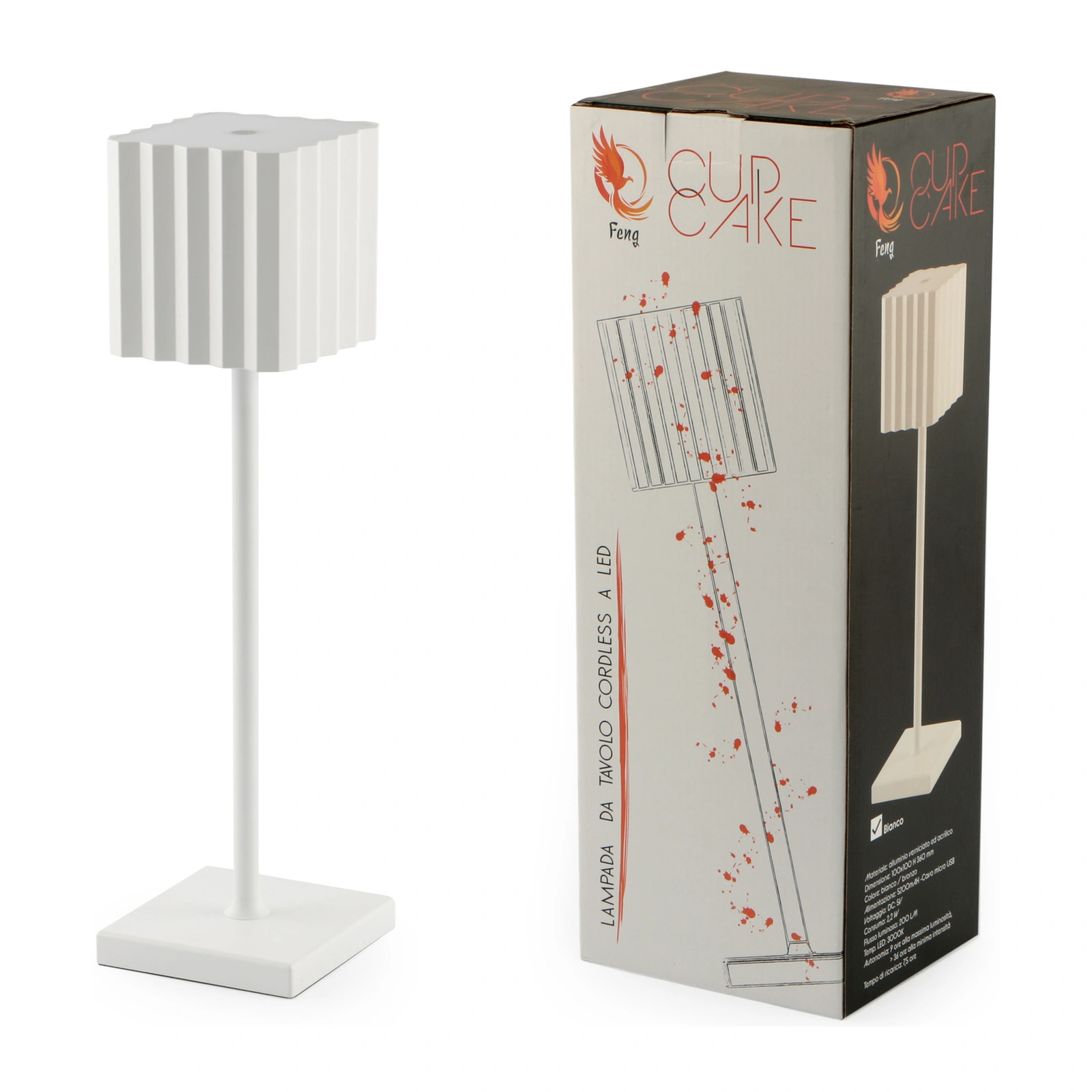 lampe de table sans fil Cupcake blanche, LED rechargeable, base carrée de 10 cm de côté