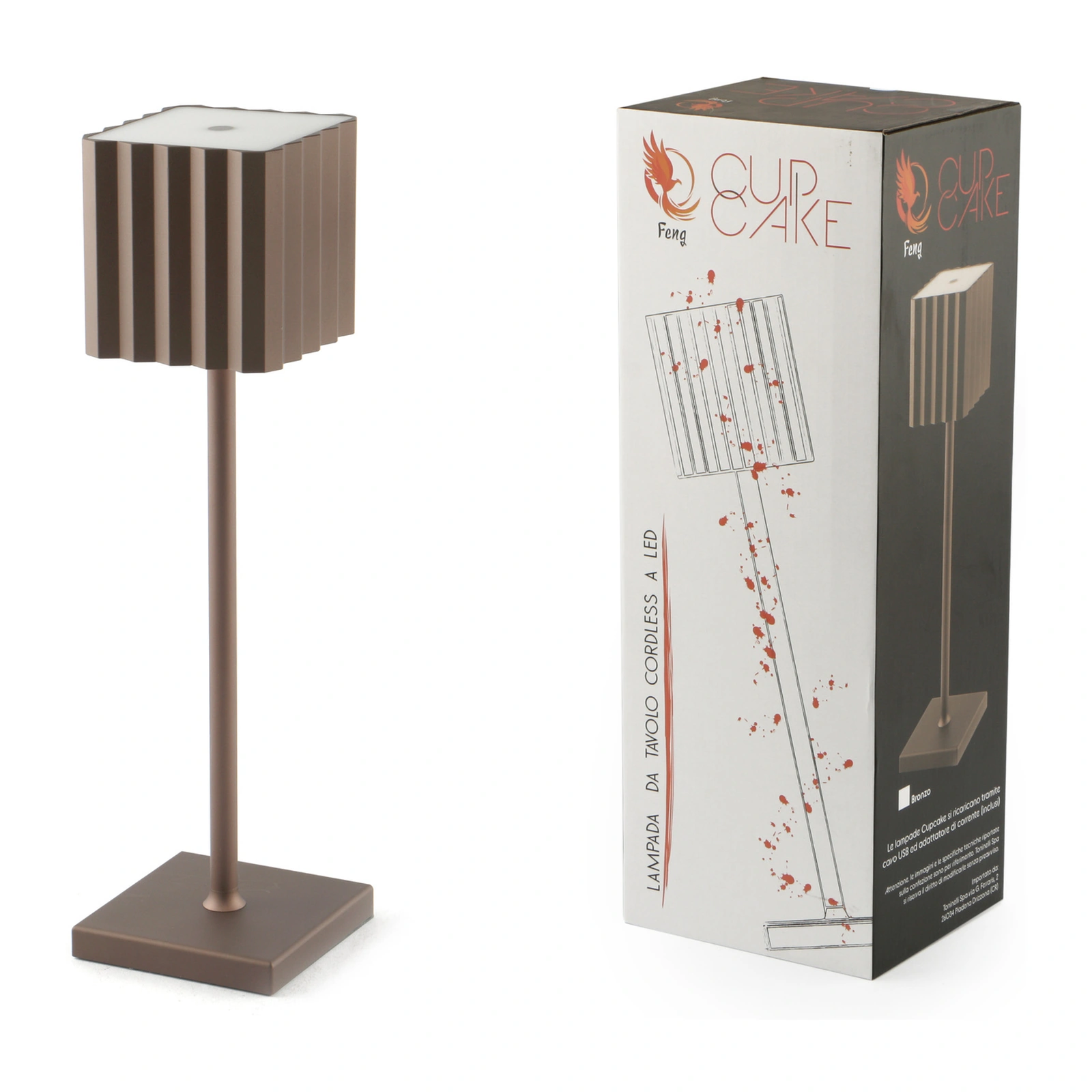 lampe de table restaurant Cupcake bronze, base carrée de 10 cm de côté et diffuseur en polycarbonate