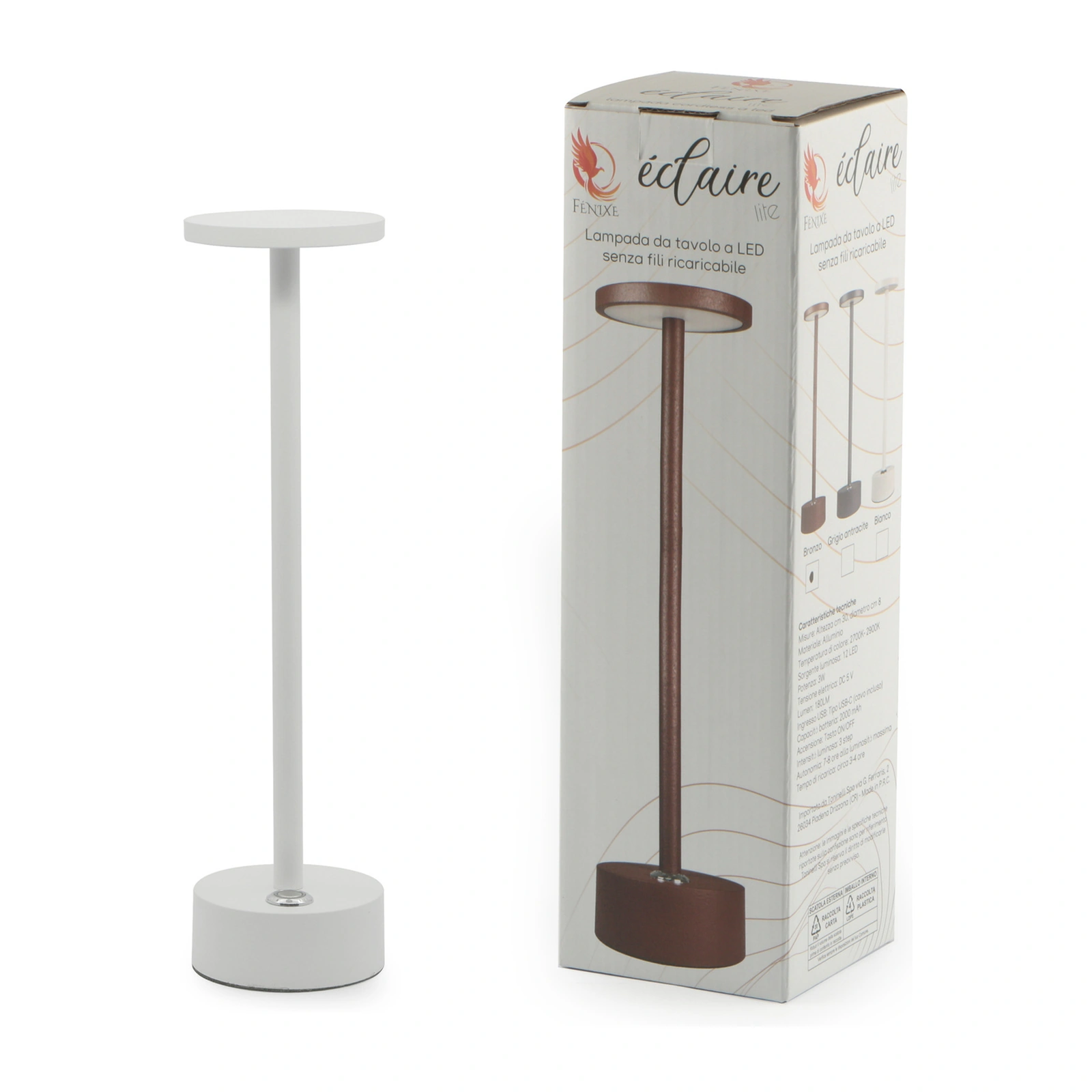 lampe de table rechargeable Eclaire Lite blanche, base de 8 cm, LED à trois intensités