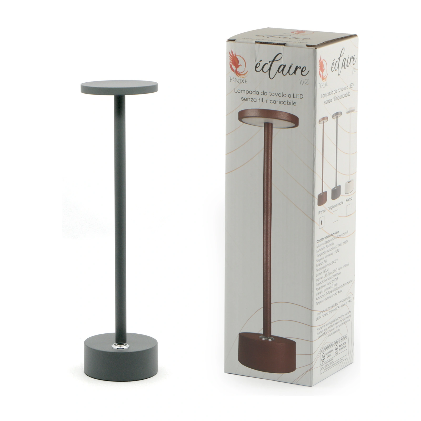 lampe Eclaire Lite grise, lampe à poser sur batterie, base de 8 cm, LED à trois intensités