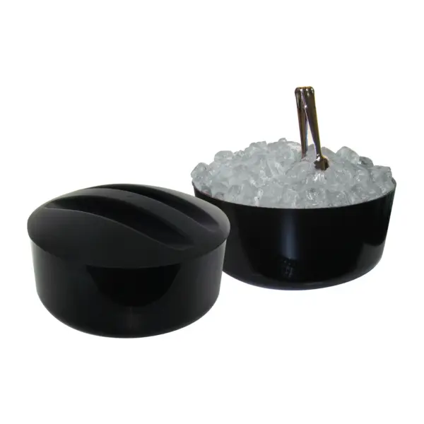 seau à glace 12 litres en polypropylène noir : fermé avec son couvercle, et ouvert, rempli de glaçons
