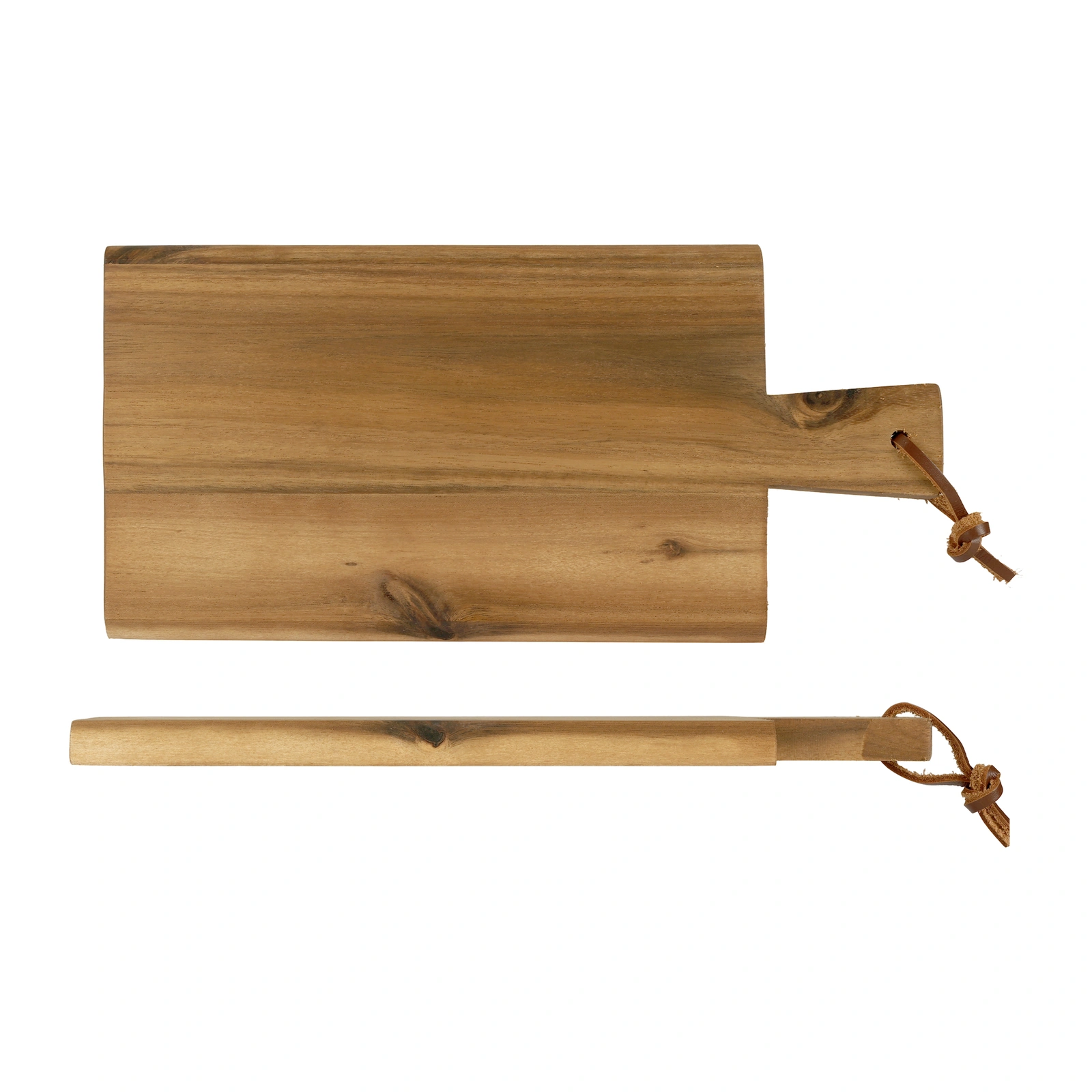 planche à découper avec manche Kesper en acacia, 1,5 cm d'épaisseur, la lanière en cuir passée dans le trou du manche