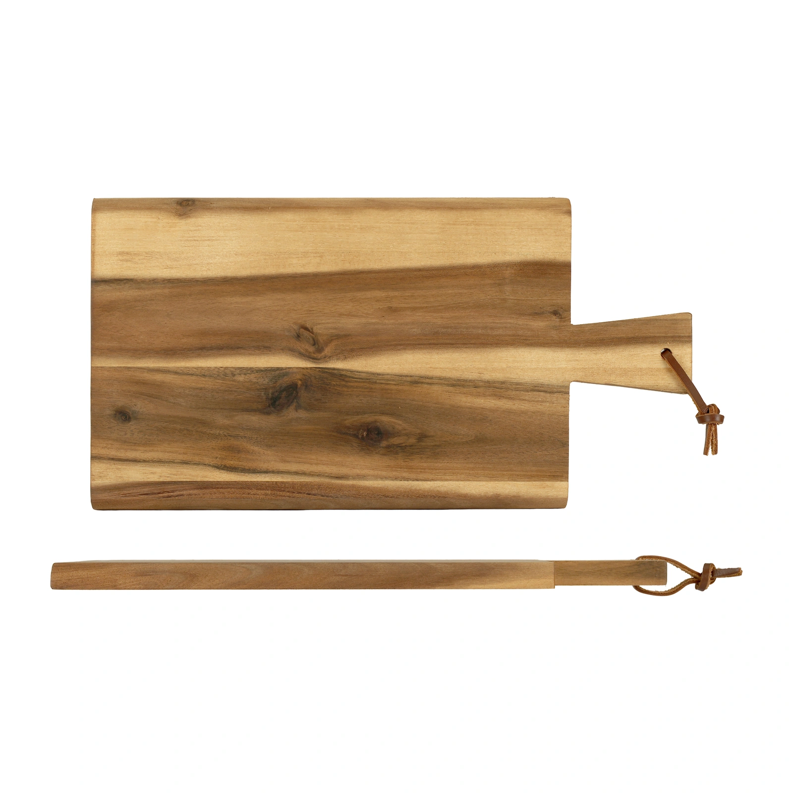 planche à charcuterie Kesper en acacia de 1,5 cm d'épaisseur, la lanière en cuir dans le trou du manche