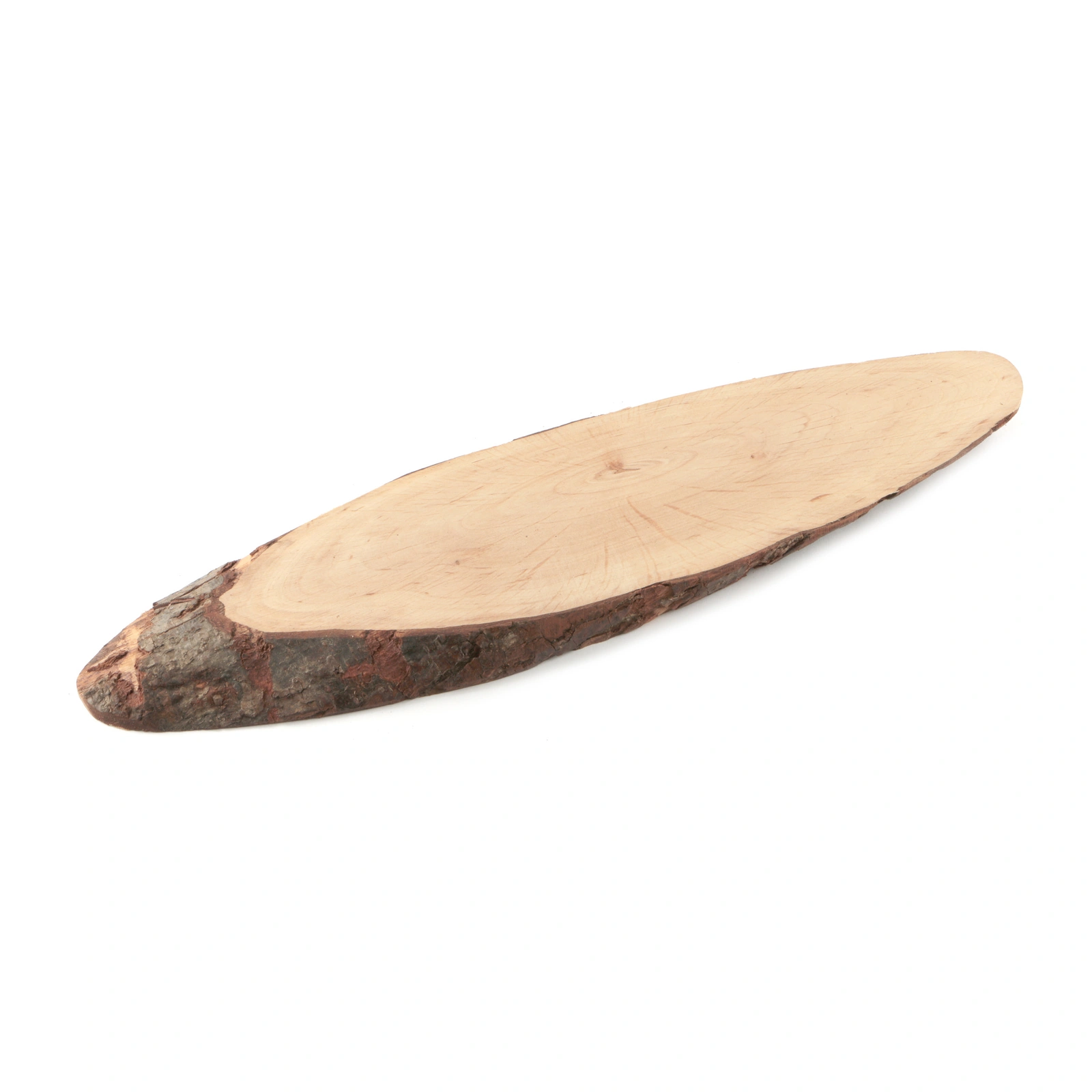 planche en bois avec écorce en aulne, ovale de 12 à 15 cm de large