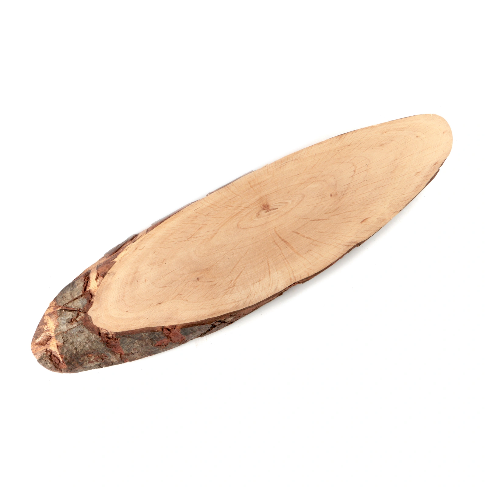 planche en bois avec écorce : ovale en aulne de 41 à 49 cm de long, bord naturel