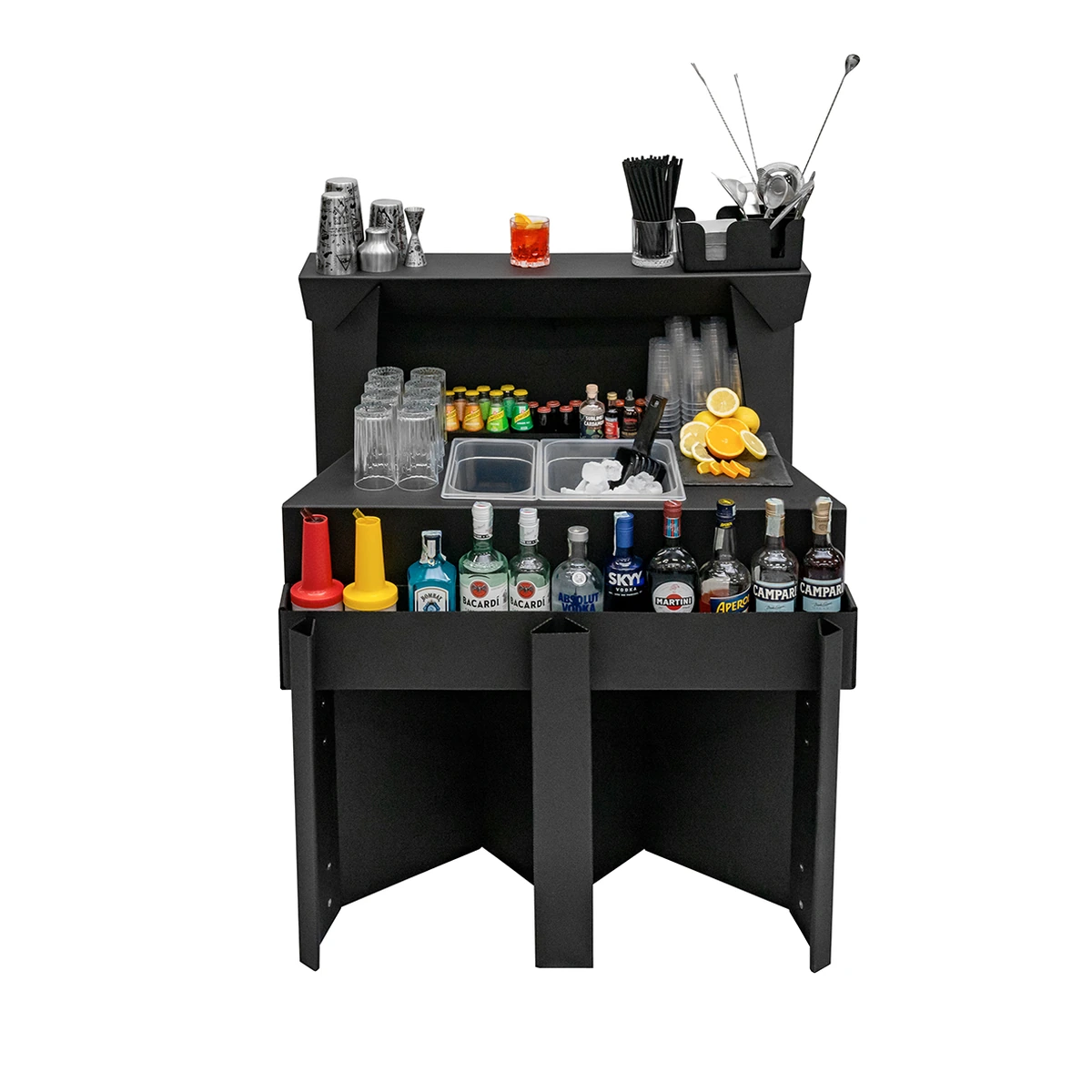 Comptoir de bar portable Easy en polypropylène noir, équipé de bouteilles et d'ustensiles