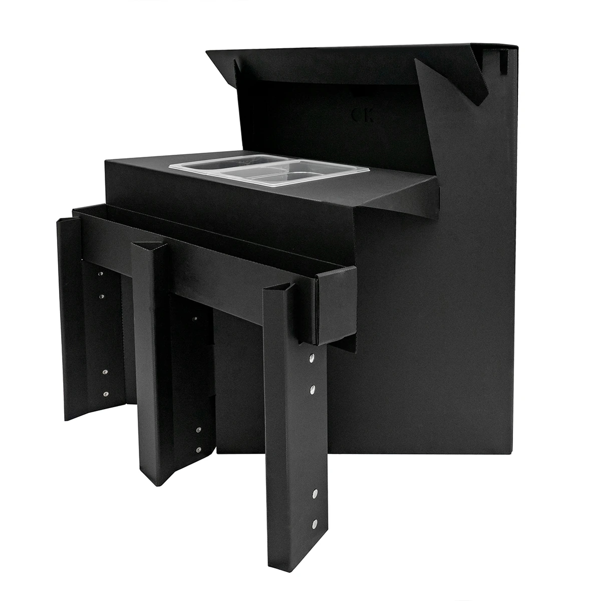 Comptoir de bar portable Easy en polypropylène noir, côté barman avec speed rack et bacs